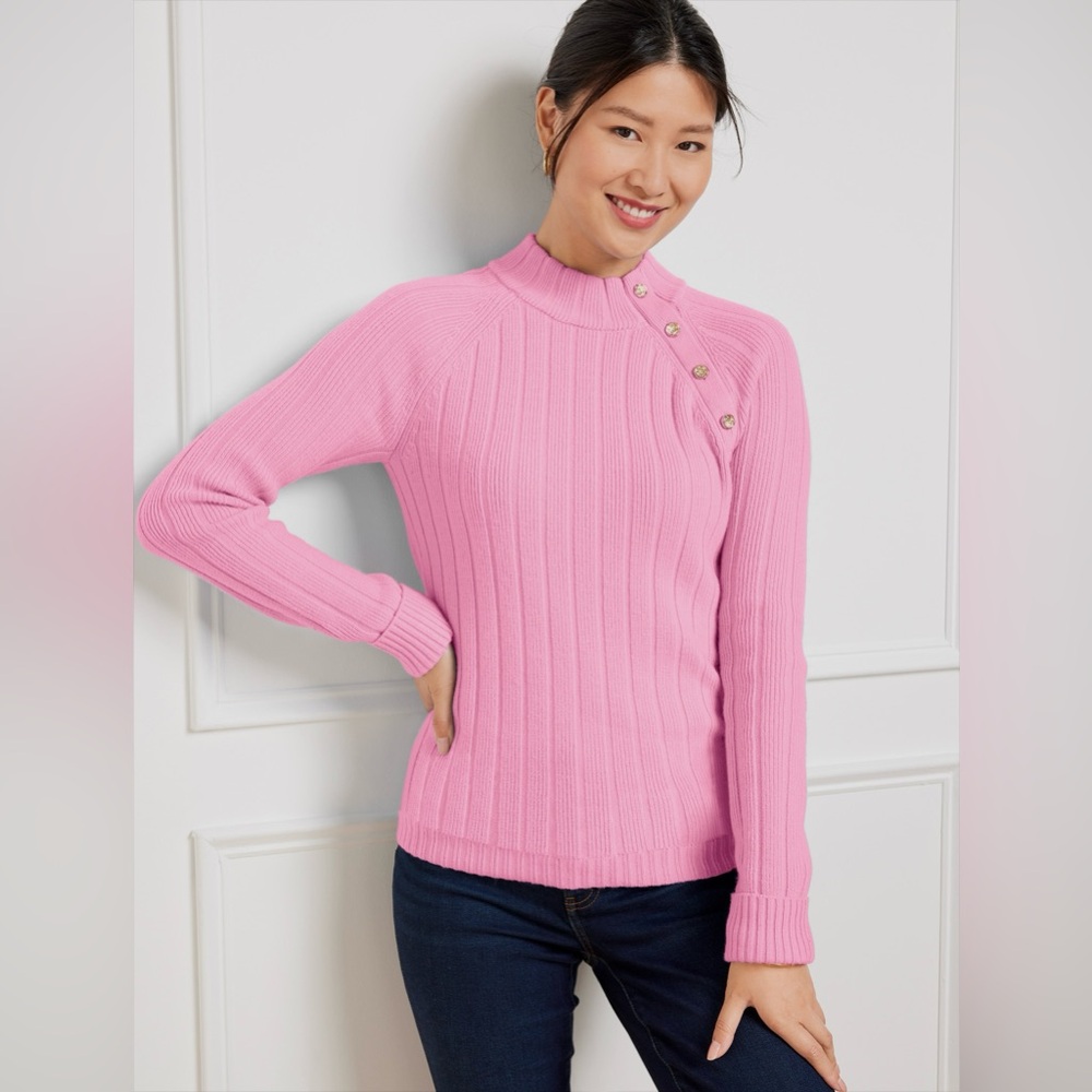 Talbots Pink Ribbed Button Mockneck Sweater - Picture 2 of 8